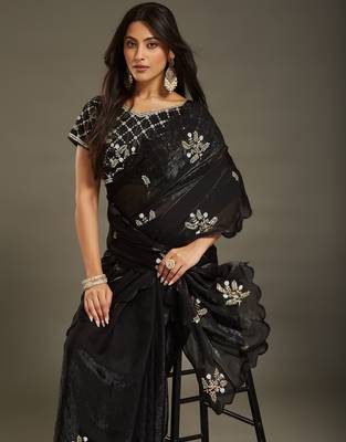 Black tissue satin embellished saree with unstitched blouse piece. 2