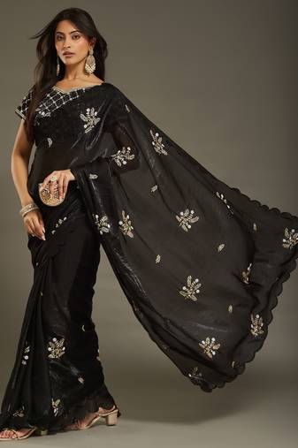 Black tissue satin embellished saree with unstitched blouse piece.