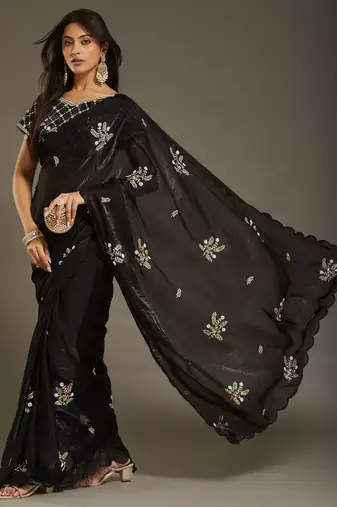 Black tissue satin embellished saree with unstitched blouse piece.
