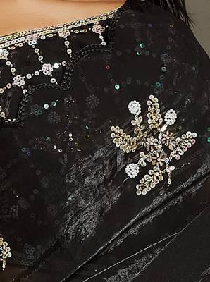 Black tissue satin embellished saree with unstitched blouse piece. 3