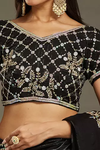Black tissue satin embellished saree with unstitched blouse piece.