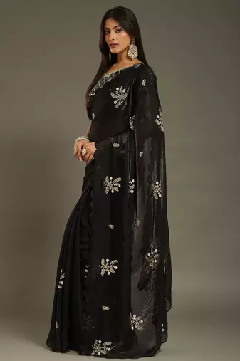 Black tissue satin embellished saree with unstitched blouse piece.