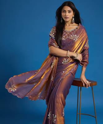 Brown tissue satin embellished saree with unstitched blouse piece. 2