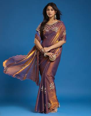 Brown tissue satin embellished saree with unstitched blouse piece. 1