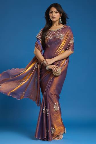 Brown tissue satin embellished saree with unstitched blouse piece.