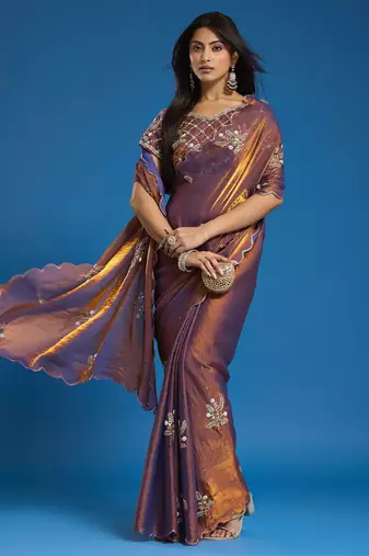 Brown tissue satin embellished saree with unstitched blouse piece.