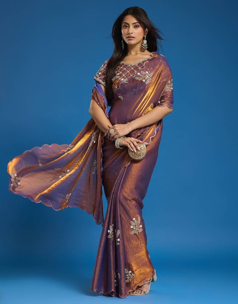 Brown tissue satin embellished saree with unstitched blouse piece.