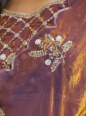 Brown tissue satin embellished saree with unstitched blouse piece. 3