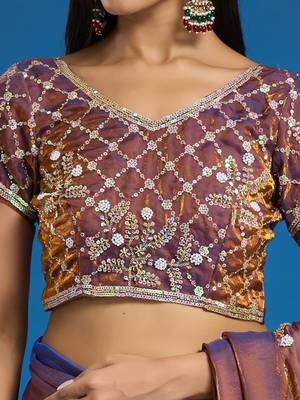 Brown tissue satin embellished saree with unstitched blouse piece. 4