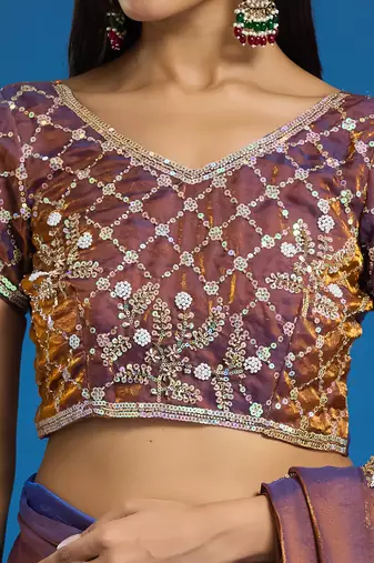 Brown tissue satin embellished saree with unstitched blouse piece.