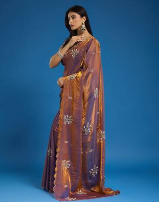 Brown tissue satin embellished saree with unstitched blouse piece. 5