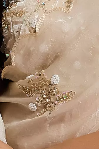 Cream tissue satin embellished saree with unstitched blouse piece.