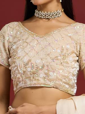 Cream tissue satin embellished saree with unstitched blouse piece. 4