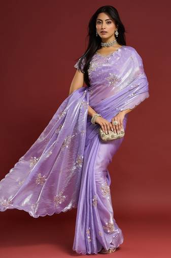 Lilac tissue satin embellished saree with unstitched blouse piece.