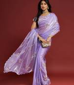 Lilac tissue satin embellished saree with unstitched blouse piece.