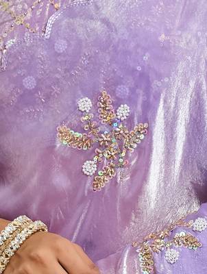 Lilac tissue satin embellished saree with unstitched blouse piece. 3