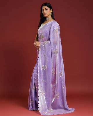 Lilac tissue satin embellished saree with unstitched blouse piece. 5