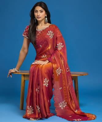 Orange tissue satin embellished saree with unstitched blouse piece. 2