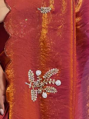 Orange tissue satin embellished saree with unstitched blouse piece. 3
