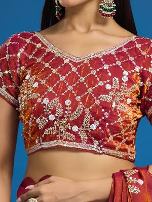 Orange tissue satin embellished saree with unstitched blouse piece. 4
