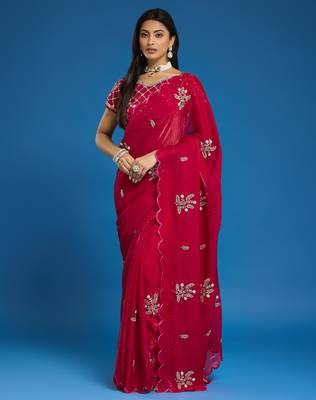 Rani tissue satin embellished saree with unstitched blouse piece. 1