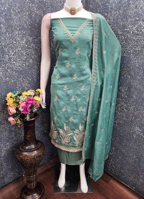 Vichitra silk embroidered unstitched suit with heavy santoon bottom and vichitra silk dupatta 2