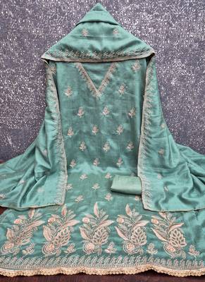 Vichitra silk embroidered unstitched suit with heavy santoon bottom and vichitra silk dupatta 3