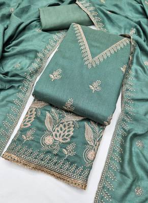 Vichitra silk embroidered unstitched suit with heavy santoon bottom and vichitra silk dupatta 4