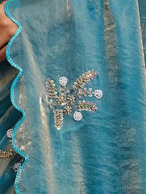 Sky blue tissue satin embellished saree with unstitched blouse piece. 3