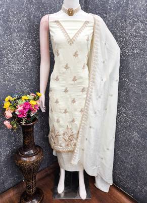 Vichitra silk embroidered unstitched suit with heavy santoon bottom and vichitra silk dupatta 2