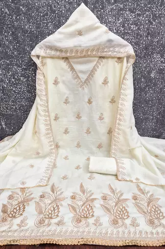 Vichitra silk embroidered unstitched suit with heavy santoon bottom and vichitra silk dupatta