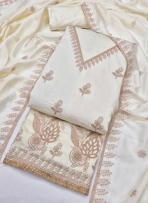 Vichitra silk embroidered unstitched suit with heavy santoon bottom and vichitra silk dupatta 4