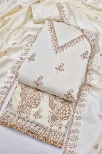 Vichitra silk embroidered unstitched suit with heavy santoon bottom and vichitra silk dupatta