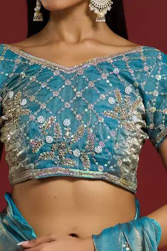 Sky blue tissue satin embellished saree with unstitched blouse piece.
