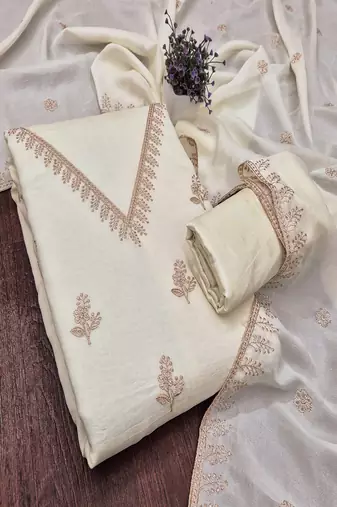 Vichitra silk embroidered unstitched suit with heavy santoon bottom and vichitra silk dupatta