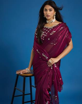 Wine tissue satin embellished saree with unstitched blouse piece. 2