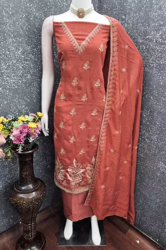 Vichitra silk embroidered unstitched suit with heavy santoon bottom and vichitra silk dupatta