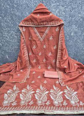 Vichitra silk embroidered unstitched suit with heavy santoon bottom and vichitra silk dupatta 3