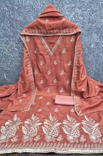 Vichitra silk embroidered unstitched suit with heavy santoon bottom and vichitra silk dupatta