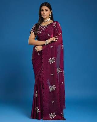 Wine tissue satin embellished saree with unstitched blouse piece. 1