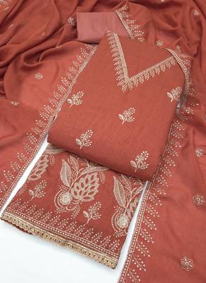 Vichitra silk embroidered unstitched suit with heavy santoon bottom and vichitra silk dupatta 4