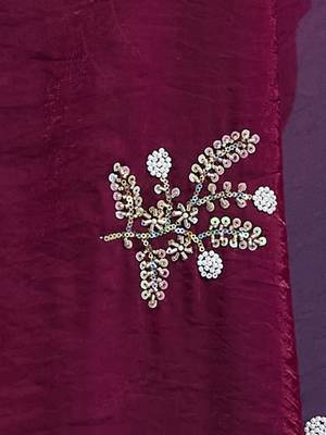 Wine tissue satin embellished saree with unstitched blouse piece. 3