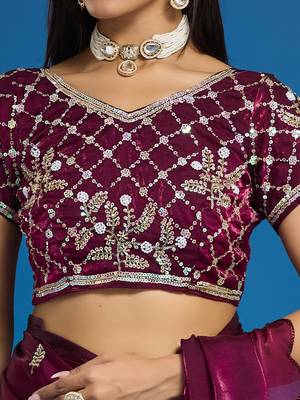 Wine tissue satin embellished saree with unstitched blouse piece. 4