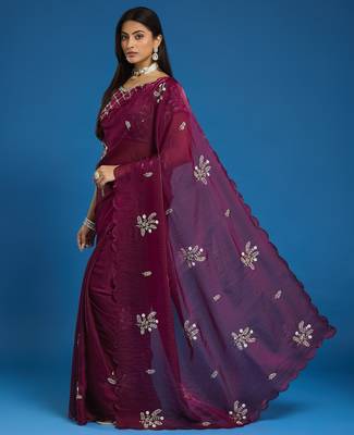 Wine tissue satin embellished saree with unstitched blouse piece. 5