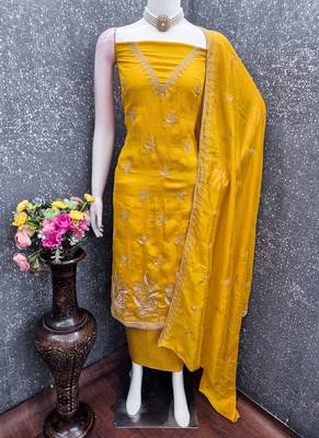 Vichitra silk embroidered unstitched suit with heavy santoon bottom and vichitra silk dupatta 2