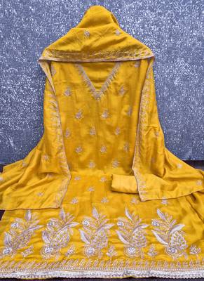 Vichitra silk embroidered unstitched suit with heavy santoon bottom and vichitra silk dupatta 3