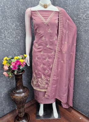 Vichitra silk embroidered unstitched suit with heavy santoon bottom and vichitra silk dupatta 2