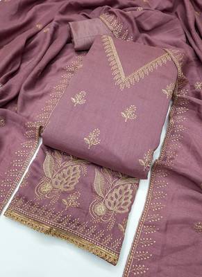 Vichitra silk embroidered unstitched suit with heavy santoon bottom and vichitra silk dupatta 4