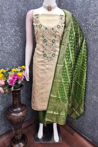 Shimmer butti embroidered unstitched suit with heavy santoon bottom and banarasi jacquard dupatta