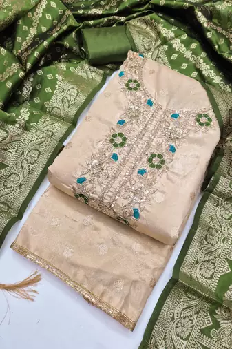 Shimmer butti embroidered unstitched suit with heavy santoon bottom and banarasi jacquard dupatta